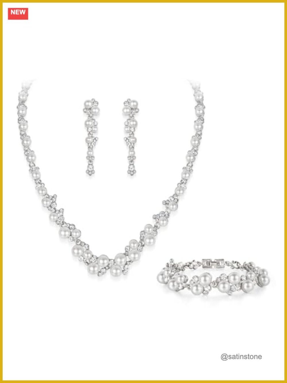Simulated Pearl Crystal Jewelry Set Necklace Earrings Bracelet Bridal